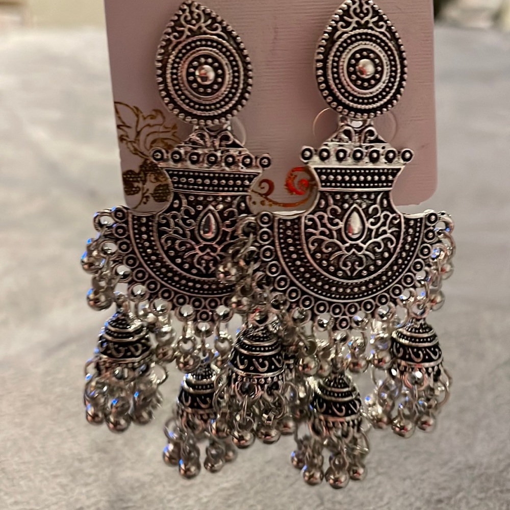 Intricate Ornate 3 Bell Fan Retro Bohemian Dangle Jhumka Earrings